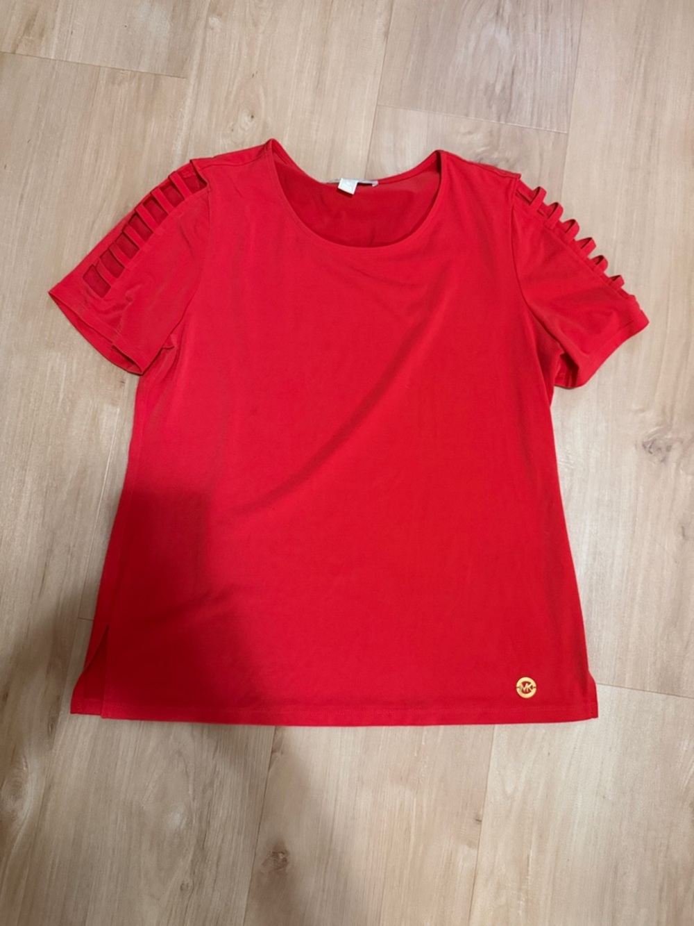 Michael Kors Red Short Sleeve Tee with Ladder Shoulder Detail